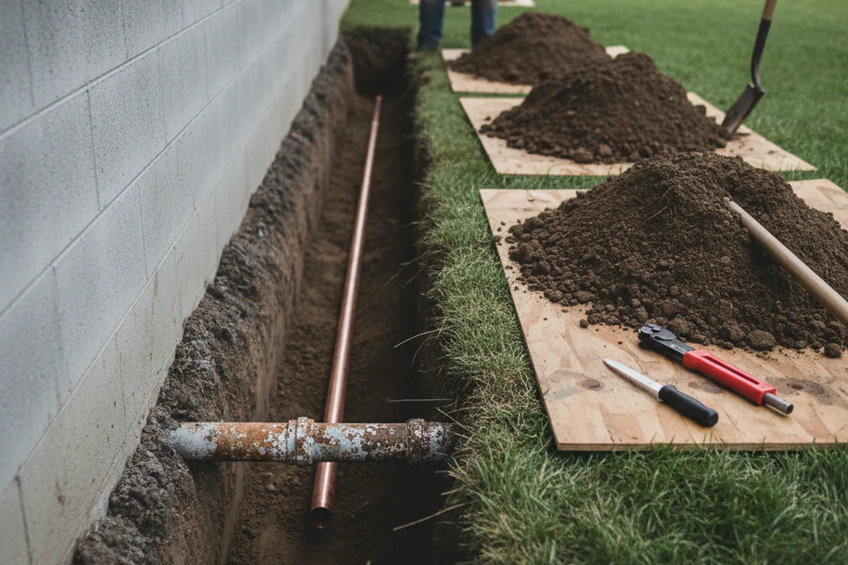 Excavated water line trench during Water Heater Repair in Intercourse